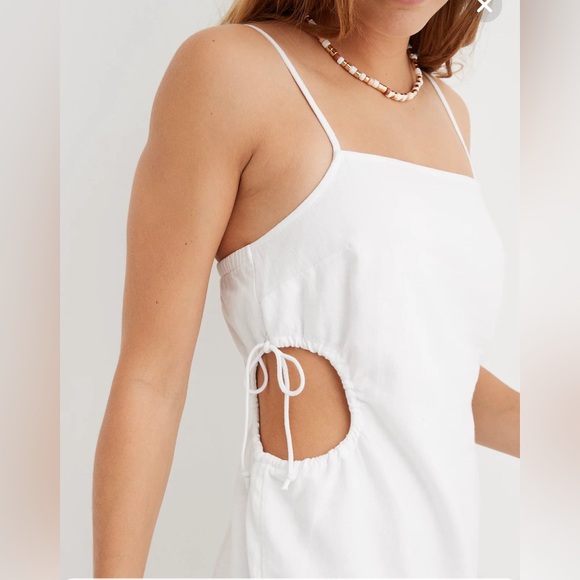 Aerie Linen Blend Mini Dress White Adjustable Strap Lined Side cutout - Picture 3 of 14